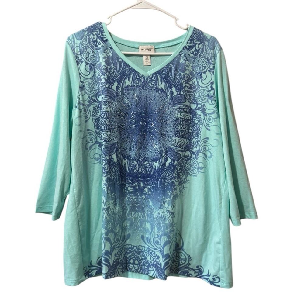 Chico Zenergy Knit Shirt Blouse Sz 3 Stretch 3/4 Sleeve Paisley Office Colorful